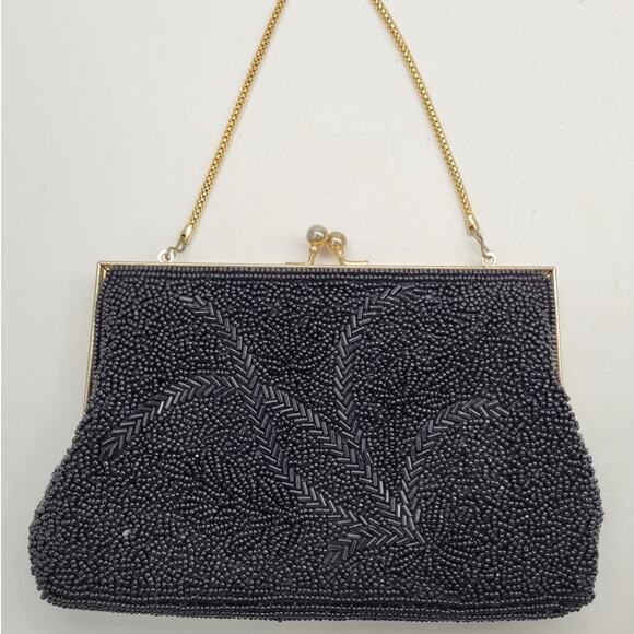 Vintage Black Beaded Kiss Closure Chain Top Handle Evening Cocktail Handbag Bag - Picture 4 of 13